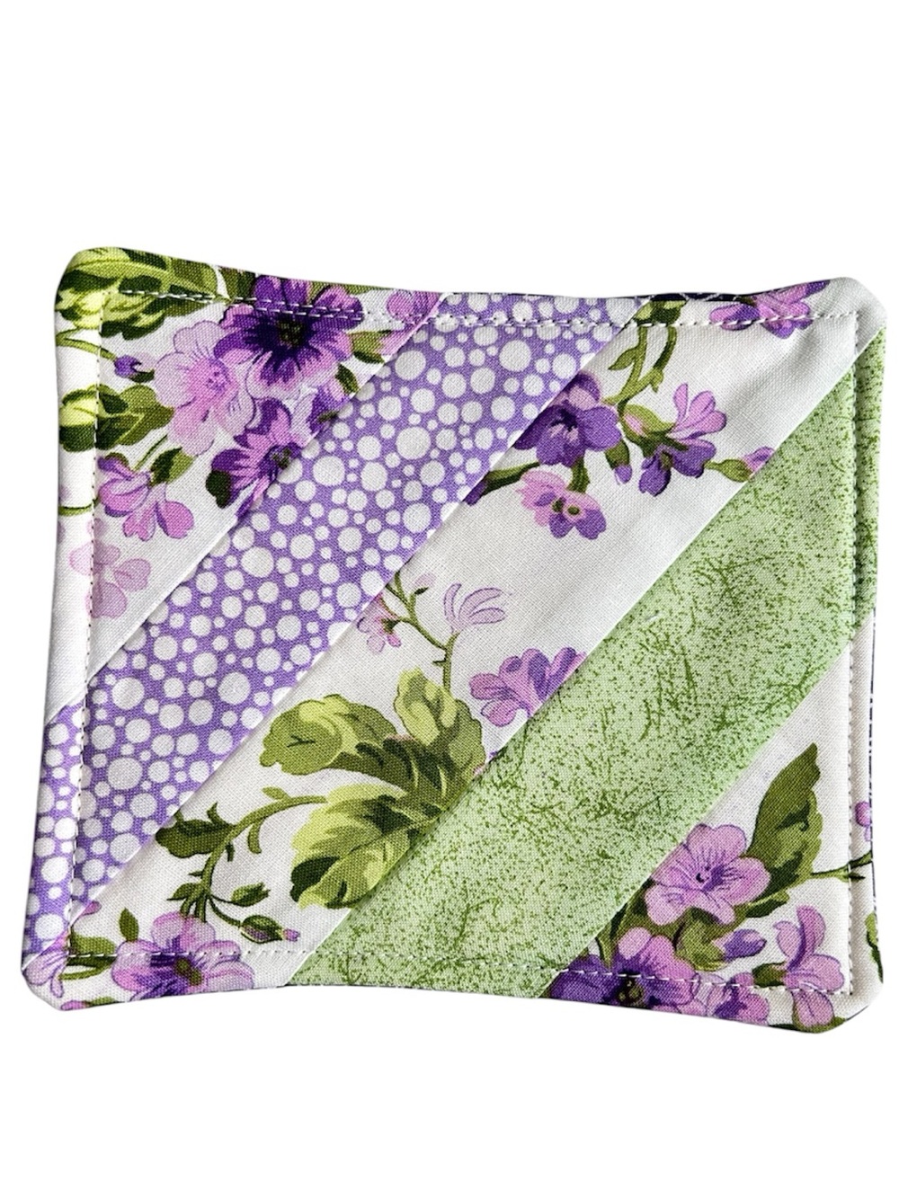 Hand Crafted Purple Green Floral Quilted Coaster Mug Rug Cotton - Picture 3 of 7